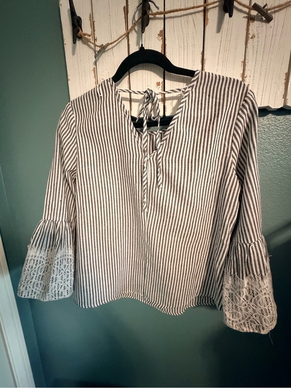 Women's Black & White Striped Tie-Front Blouse with Lace Bell Sleeves